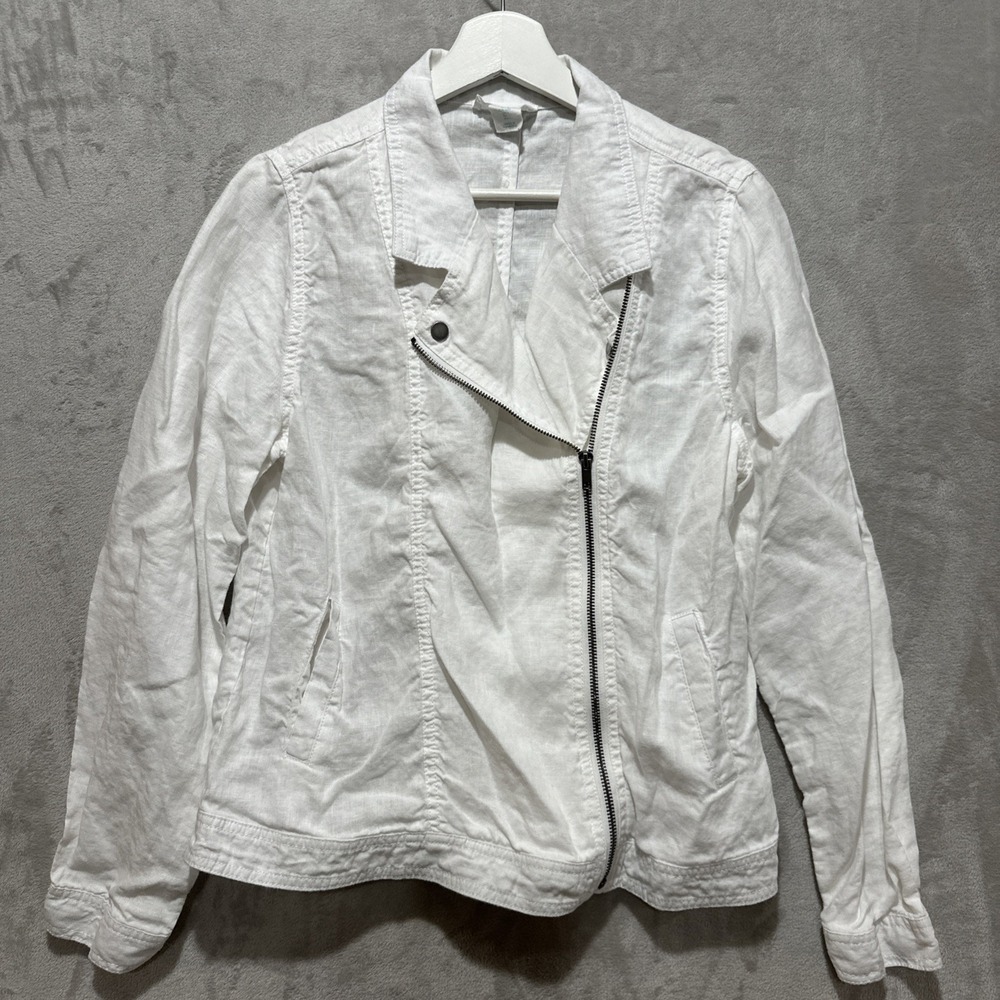 Cynthia Rowley 100% Linen Asymmetrical Moto Zip Jacket Women's Size Large White